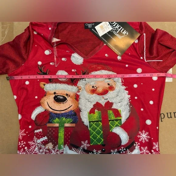 Onque Casual Santa and Reindeer Christmas Top w/ Sparkling Embellishments - Picture 14 of 15